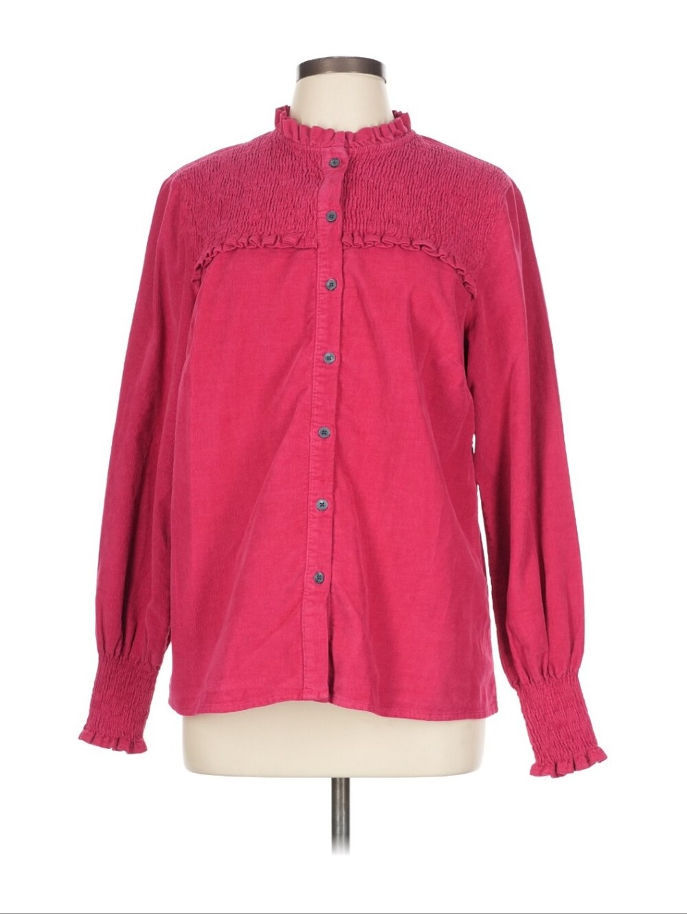 Boden Magenta Long Sleeve Cotton Blouse Smocked Ruffle Yoke Size US12 UK16